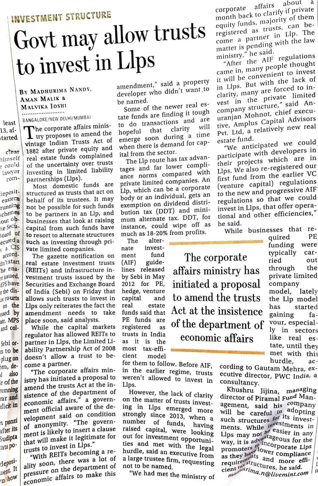 Govt may allow trusts to invest in Llps